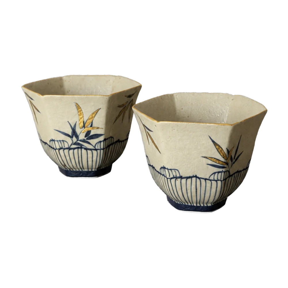 Tea cup — Clay blue/bamboo — pair (2 pcs, sold as set)