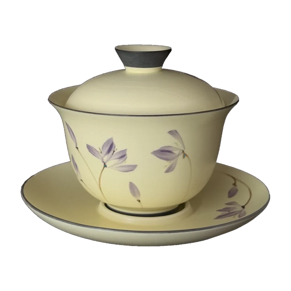 Gaiwan — Clay cream, purple flower (+ saucer)